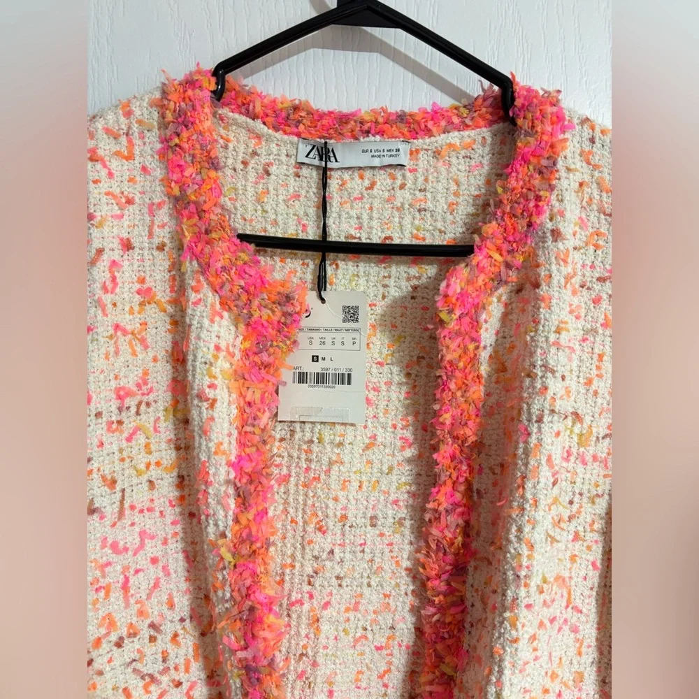NWT Zara Tweed Confetti Colourful Open Blazer Mock Pockets Size Small - Picture 2 of 12